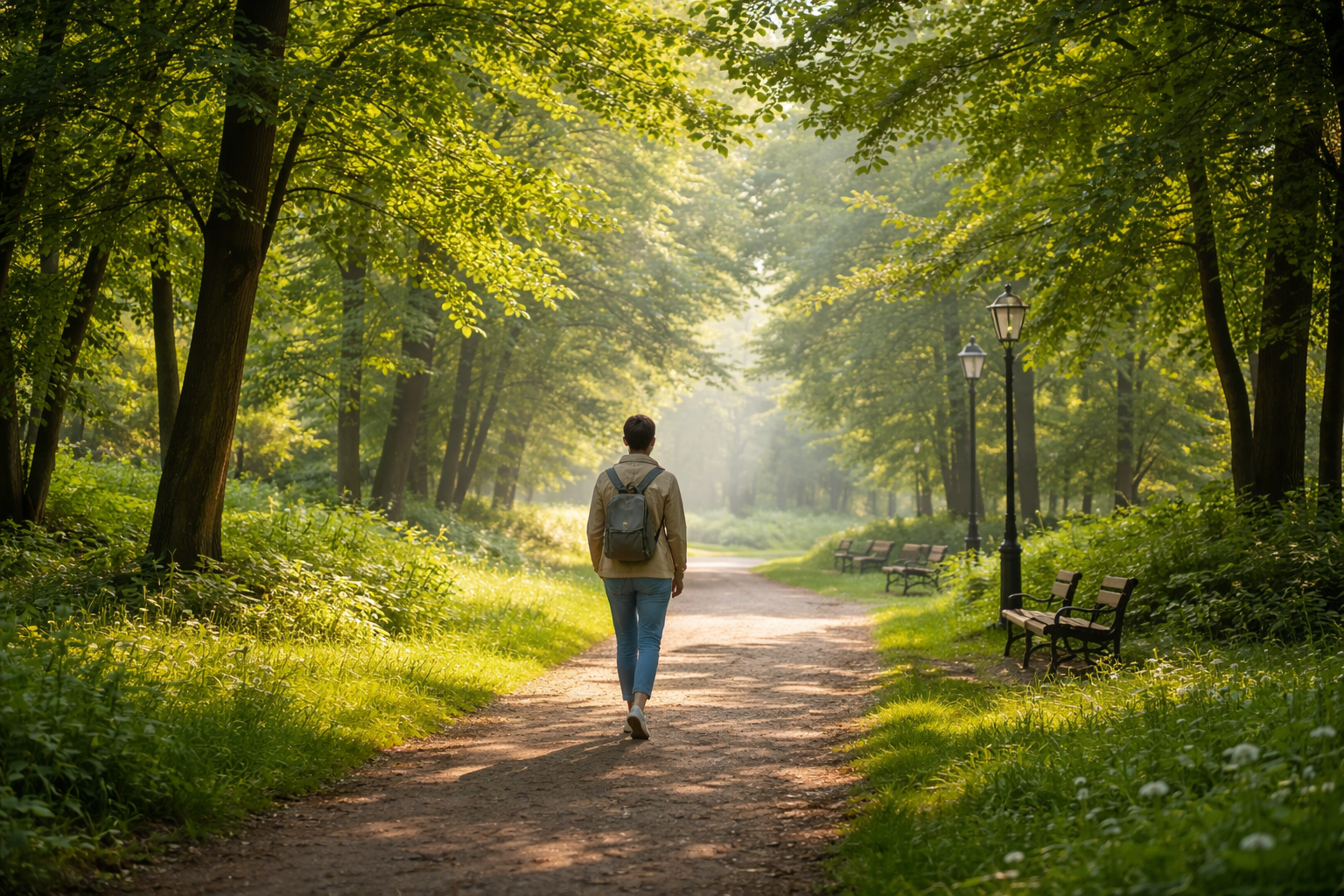 person exercising outdoors, walking or jogging in a park, cardiovascular health and active lifestyle concept